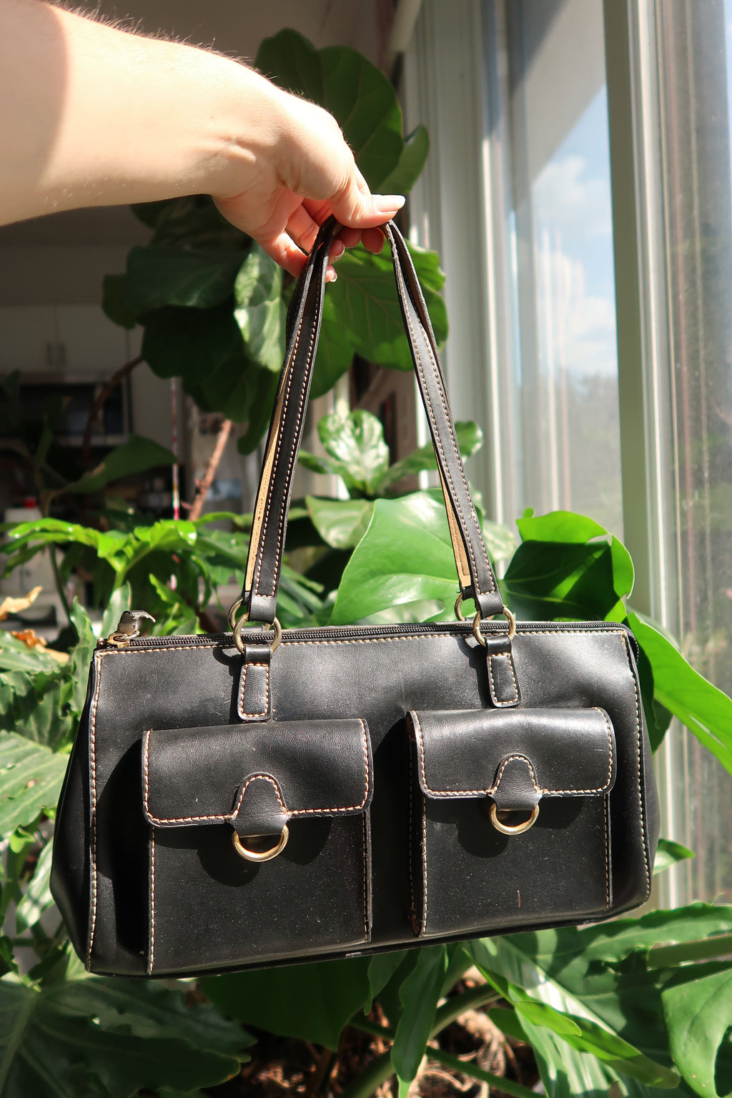 Vintage 2000s Black Faux Leather Double Pocket Shoulder Bag