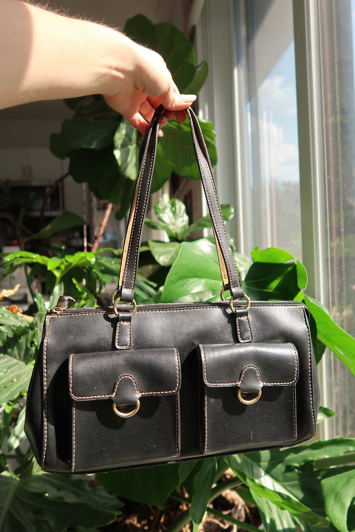 Vintage 2000s Black Faux Leather Double Pocket Shoulder Bag