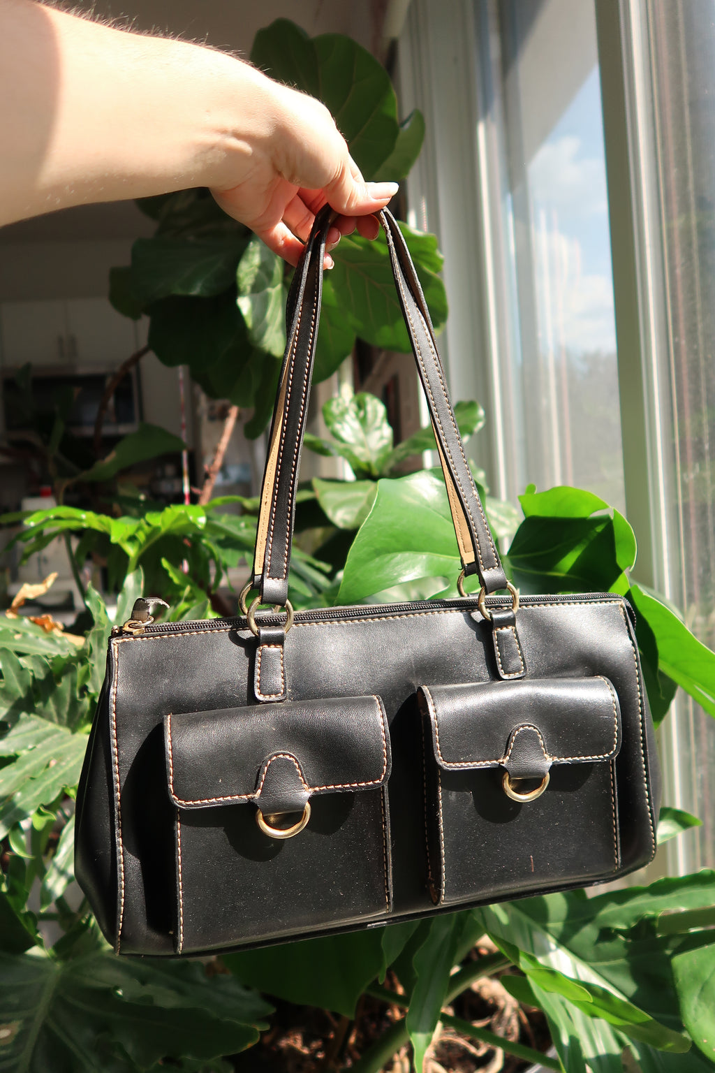 Vintage 2000s Black Faux Leather Double Pocket Shoulder Bag