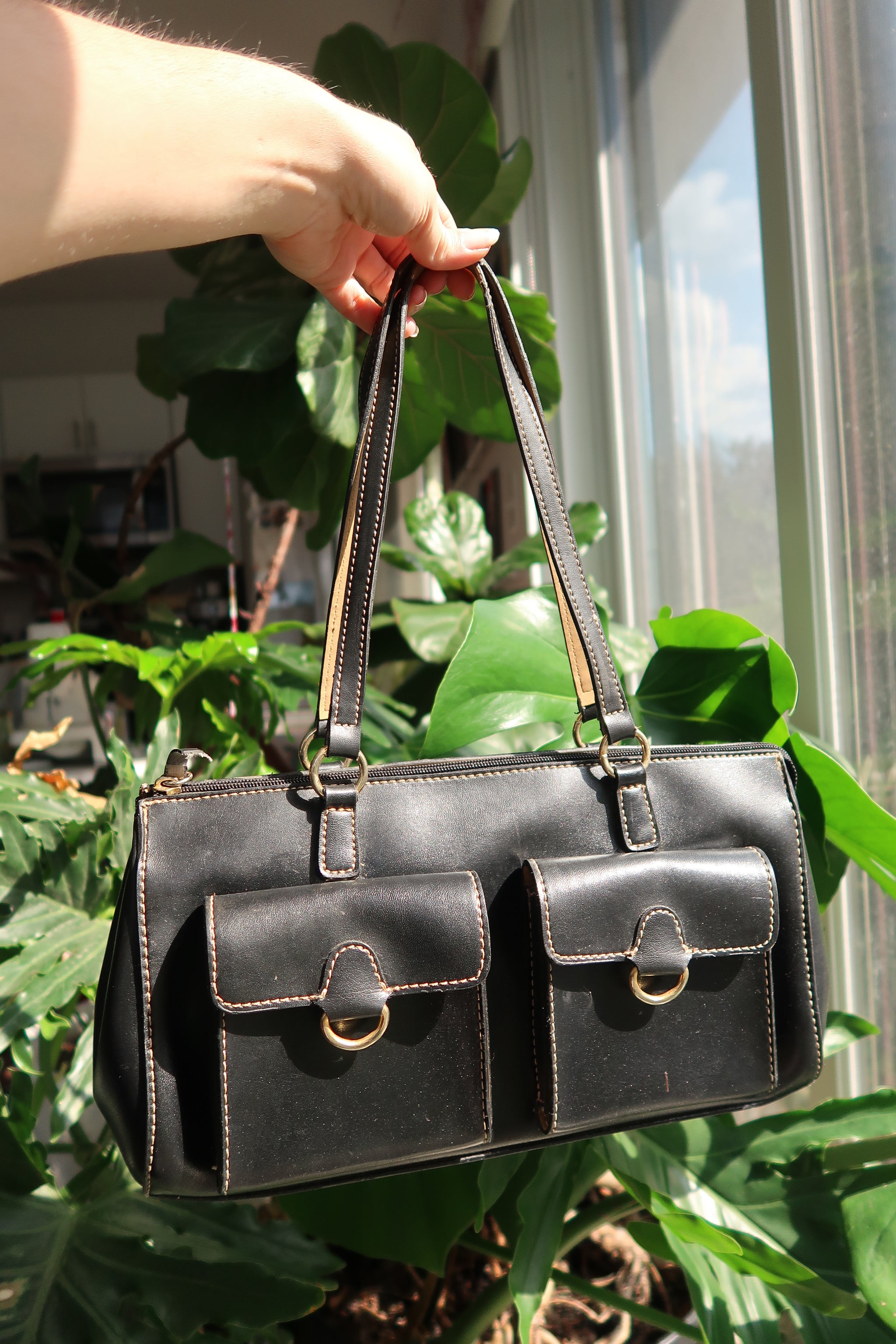 Vintage 2000s Black Faux Leather Double Pocket Shoulder Bag 