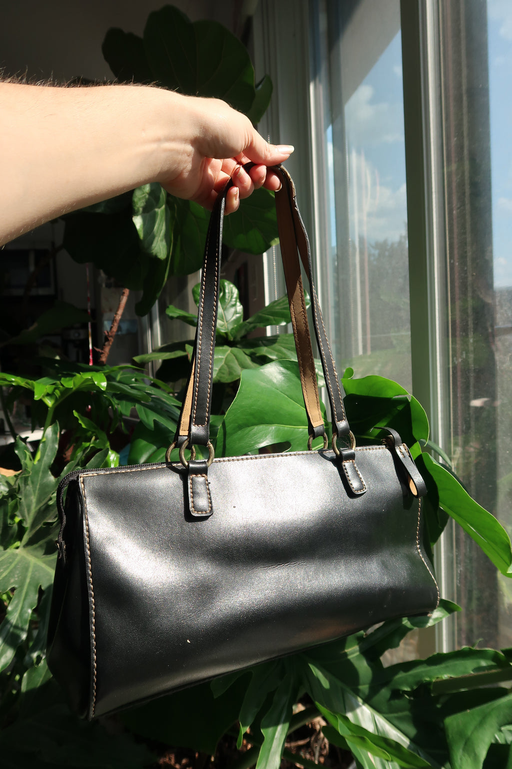 Vintage 2000s Black Faux Leather Double Pocket Shoulder Bag