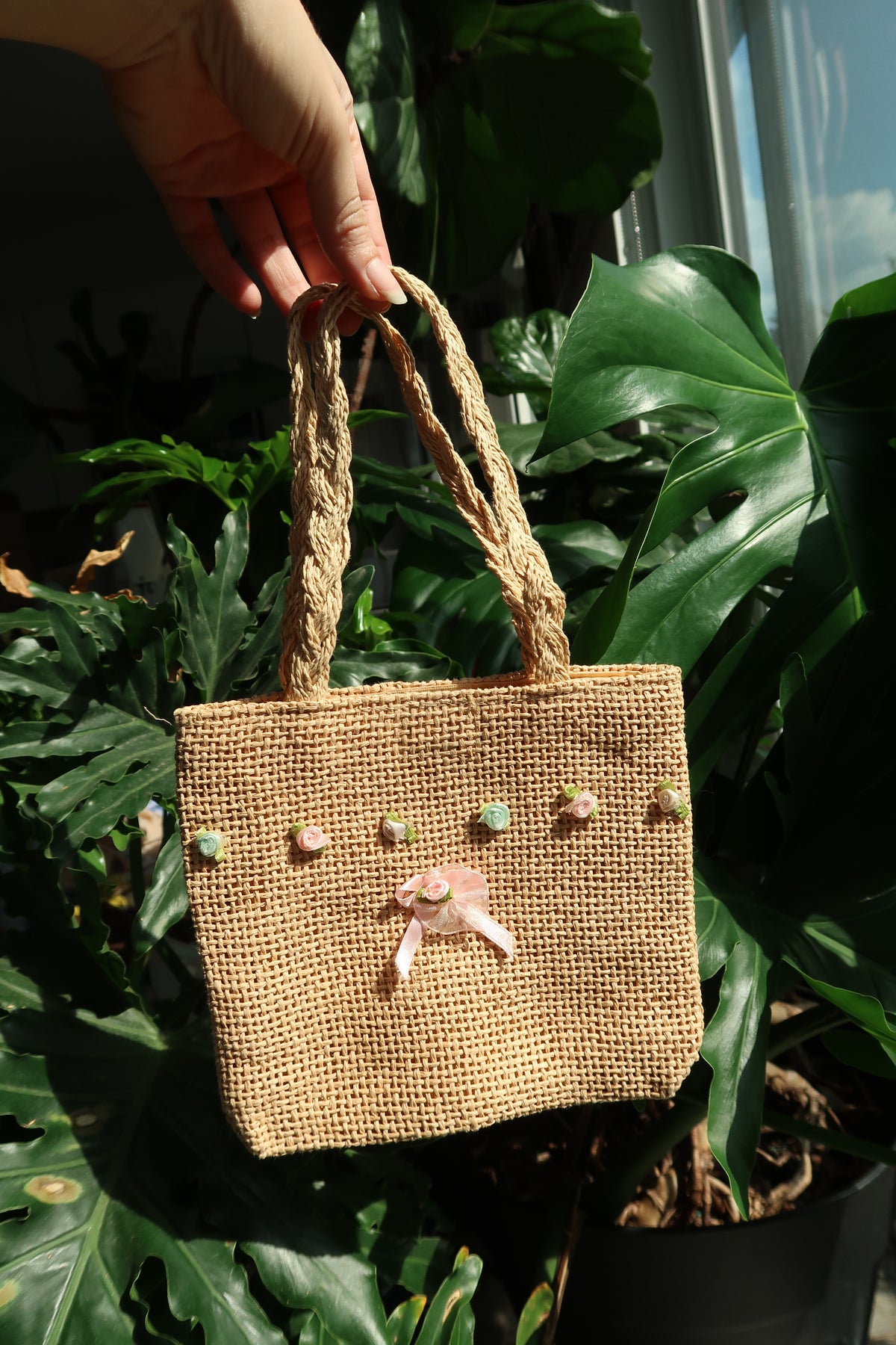 Vintage Cottagecore Mini Woven Straw Tote with Rose Floral Details