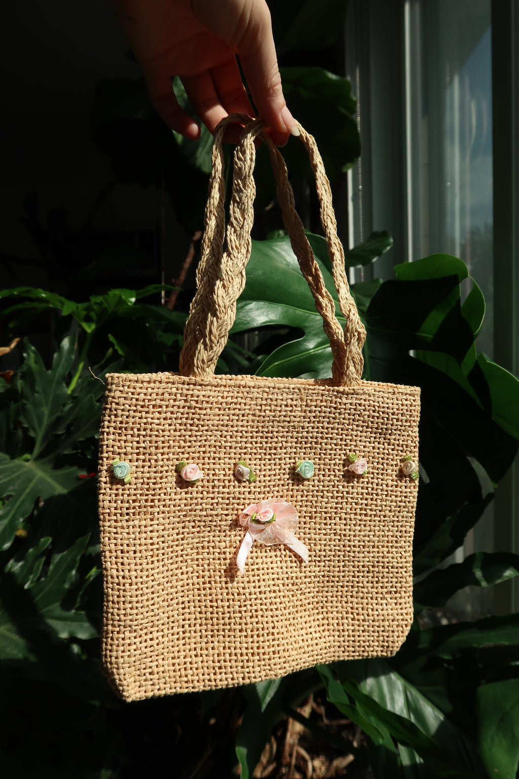Vintage Cottagecore Mini Woven Straw Tote with Rose Floral Details - Elektra Vintage