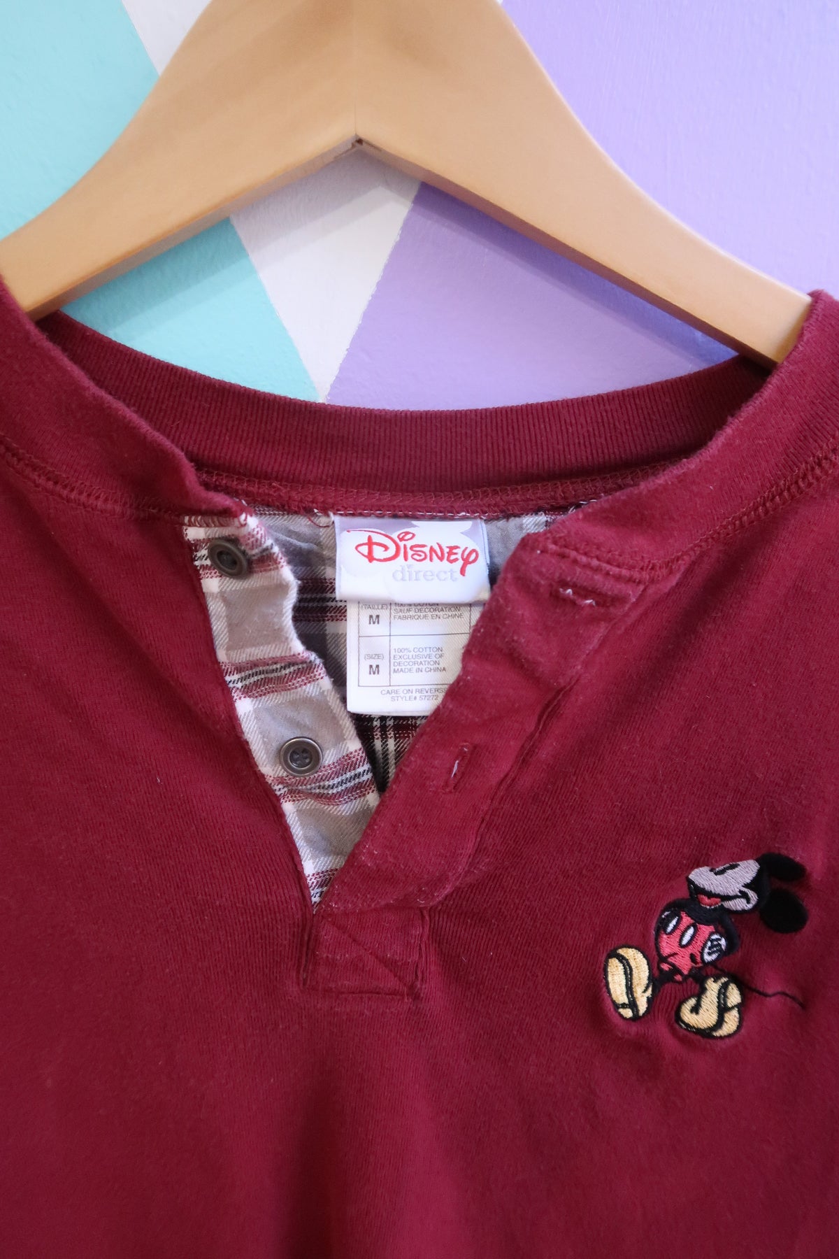 Vintage 2000s Disney Mickey Mouse Henley long sleeve shirt for men by Elektra Vintage, featuring classic Mickey Mouse design.