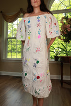 Load image into Gallery viewer, Vintage white off-shoulder embroidered peasant midi dress by Elektra Vintage, featuring intricate embroidery and a flowing silhouette.
