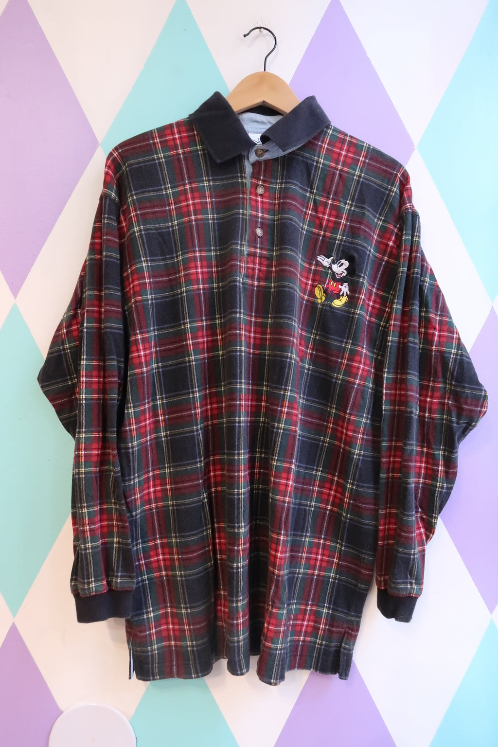 Vintage 1990s Mickey Mouse Embroidered Plaid Flannel Collared Long Sleeve