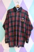 Vintage 1990s Mickey Mouse Embroidered Plaid Flannel Collared Long Sleeve