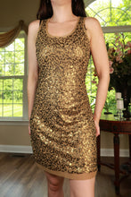 Load image into Gallery viewer, Vintage Y2K bronze sequin bodycon cocktail dress by Elektra Vintage, featuring a fitted silhouette and sparkling sequin details.
