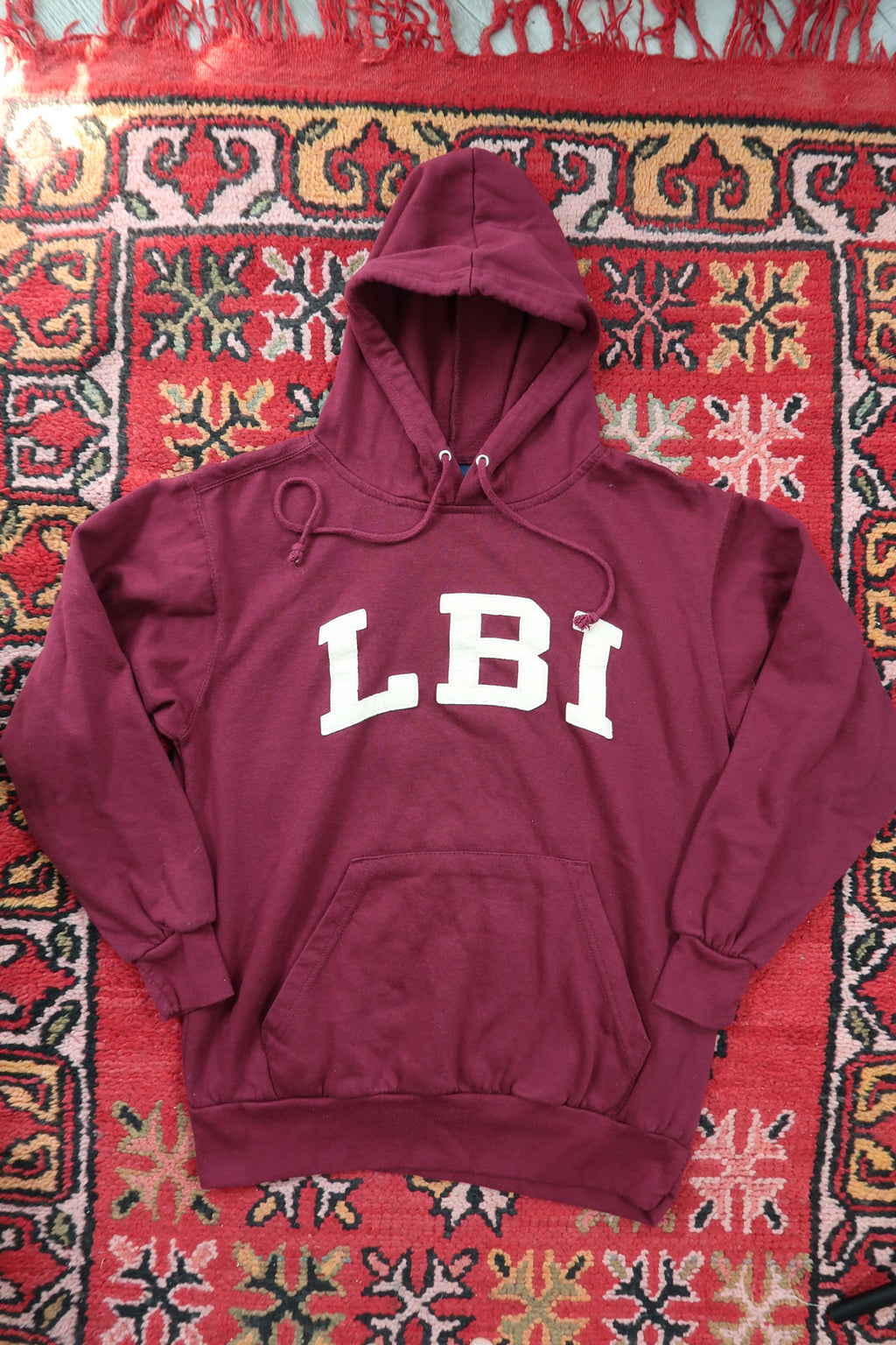 Vintage Burgundy Red Long Beach Island Spell Out Hoodie - LBI Pullover Sweatshirt - Elektra Vintage