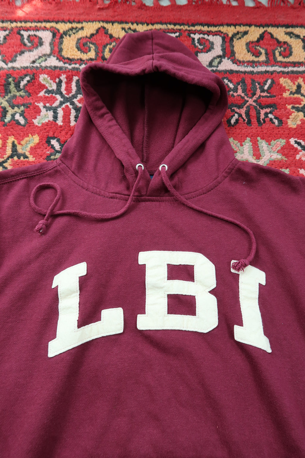 Vintage Burgundy Red Long Beach Island Spell Out Hoodie - LBI Pullover Sweatshirt - Elektra Vintage