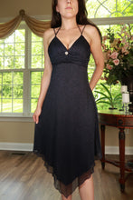 Load image into Gallery viewer, Vintage Y2K Navy Glitter Handkerchief Hem Party Dress by Elektra Vintage, featuring a shimmering fabric and flowy handkerchief hem.
