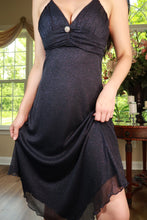 Load image into Gallery viewer, Vintage Y2K navy glitter party dress with handkerchief hem by Elektra Vintage, featuring a stylish, shimmering design.
