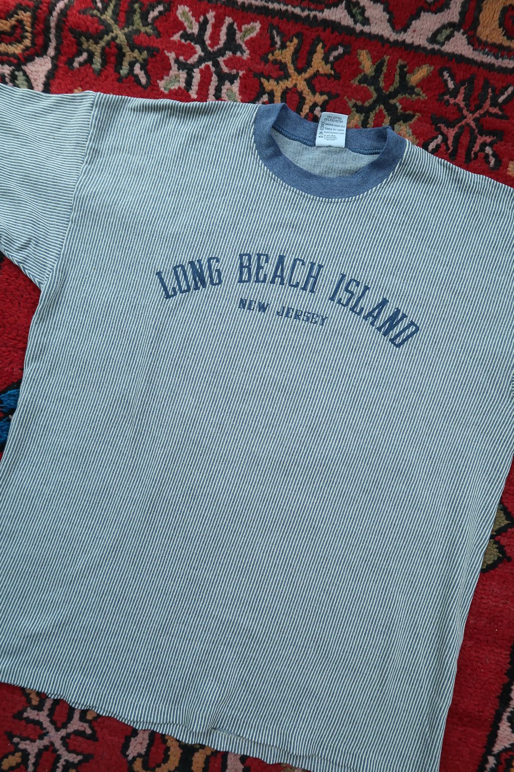 Vintage Long Beach Island Pinstripe Graphic Tee - Blue Pinstripe Jersey Shore Tshirt