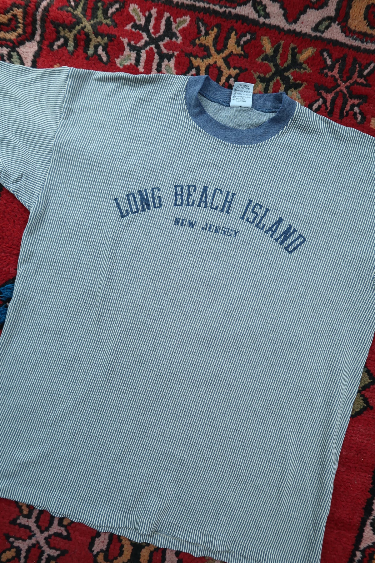 Vintage Long Beach Island Pinstripe Graphic Tee - Blue Pinstripe Jersey Shore Tshirt