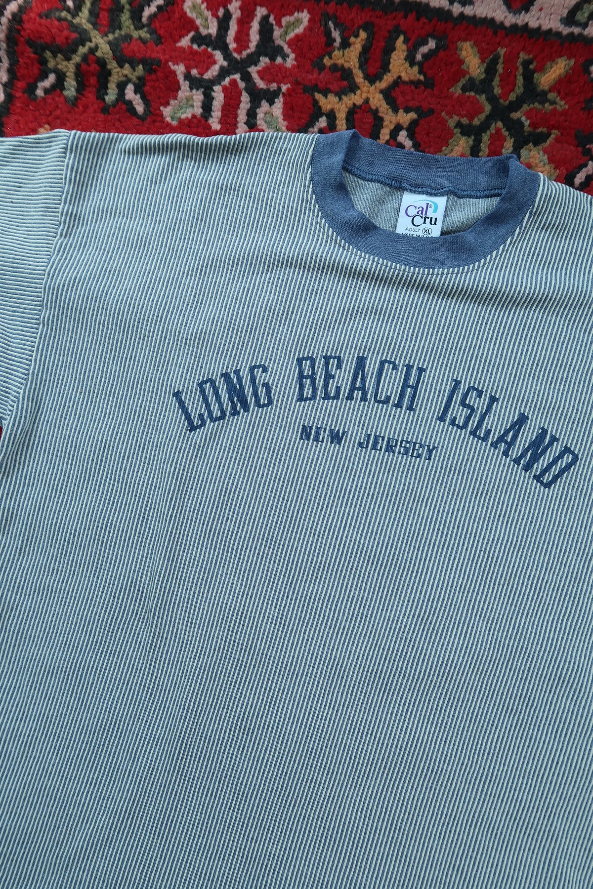 Vintage Long Beach Island Pinstripe Graphic Tee - Blue Pinstripe Jersey Shore Tshirt