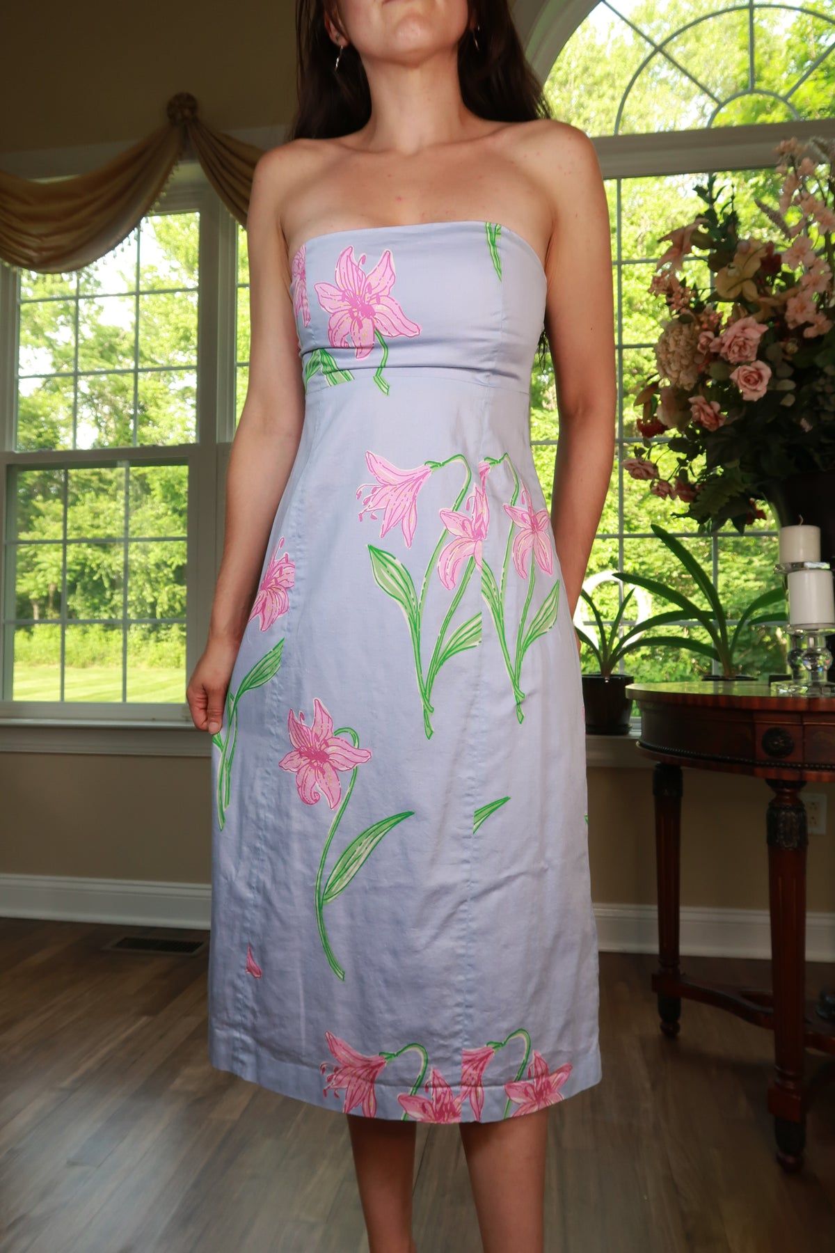 Vintage Y2K Lilly Pulitzer pink lily print strapless midi dress by Elektra Vintage, showcasing a flowy, vibrant floral design.