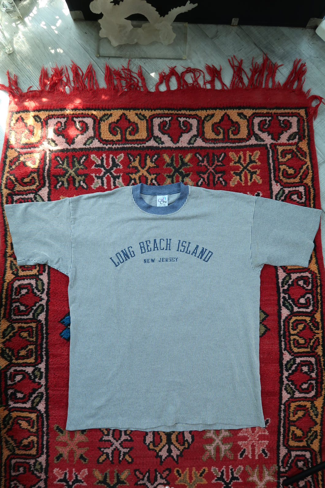 Vintage Long Beach Island Pinstripe Graphic Tee - Blue Pinstripe Jersey Shore Tshirt