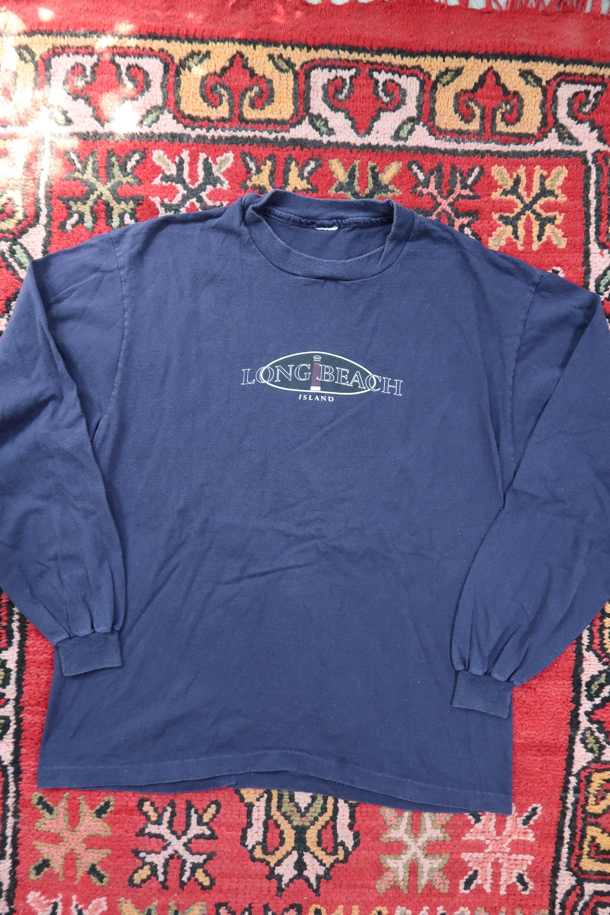Vintage Long Beach Island Navy Blue Graphic Tee - Jersey Shore Lighthouse Long Sleeve Tshirt - Elektra Vintage
