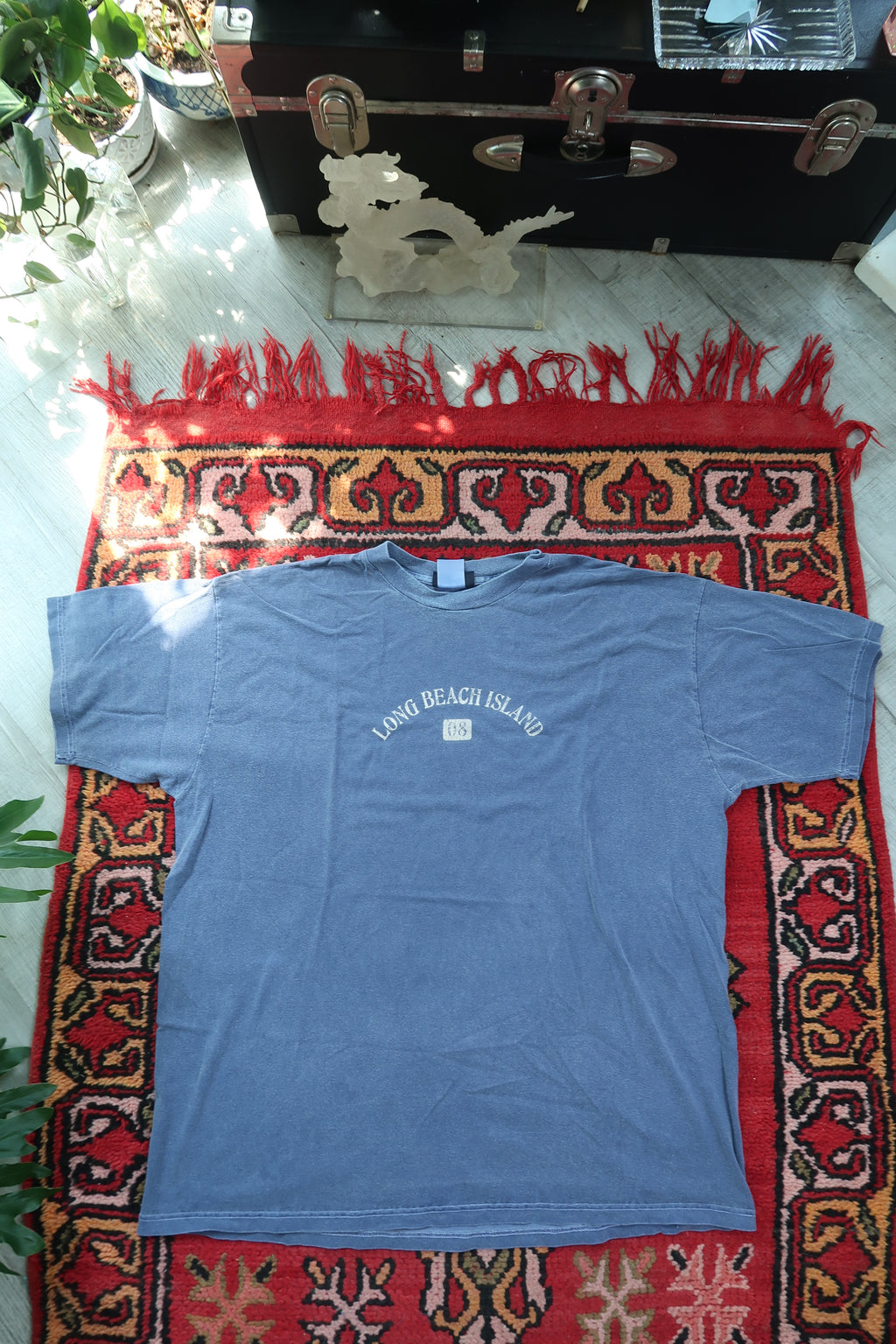 Blue Long Beach Island t-shirt with text on a red patterned rug