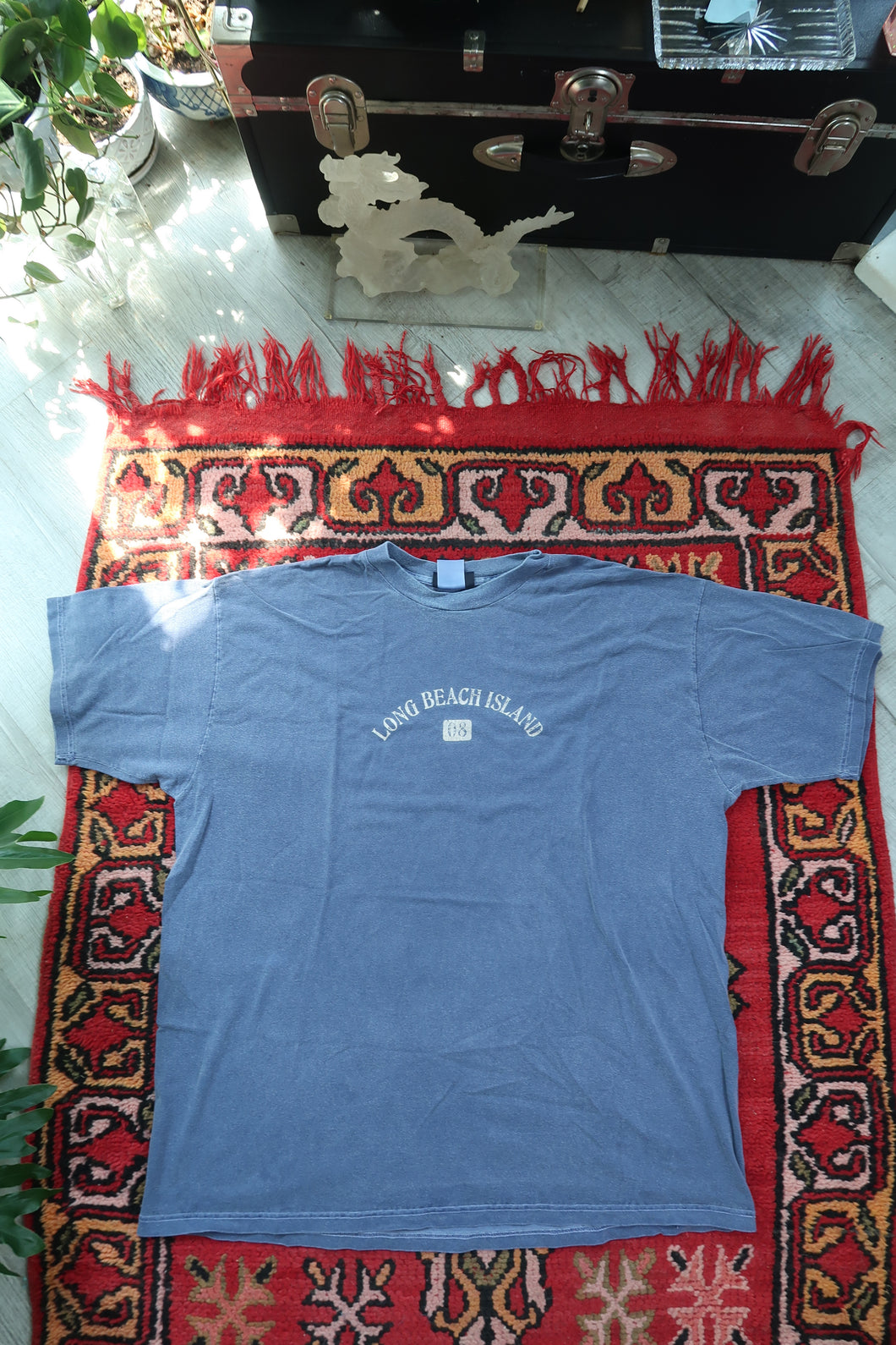 Blue Long Beach Island t-shirt with text on a red patterned rug