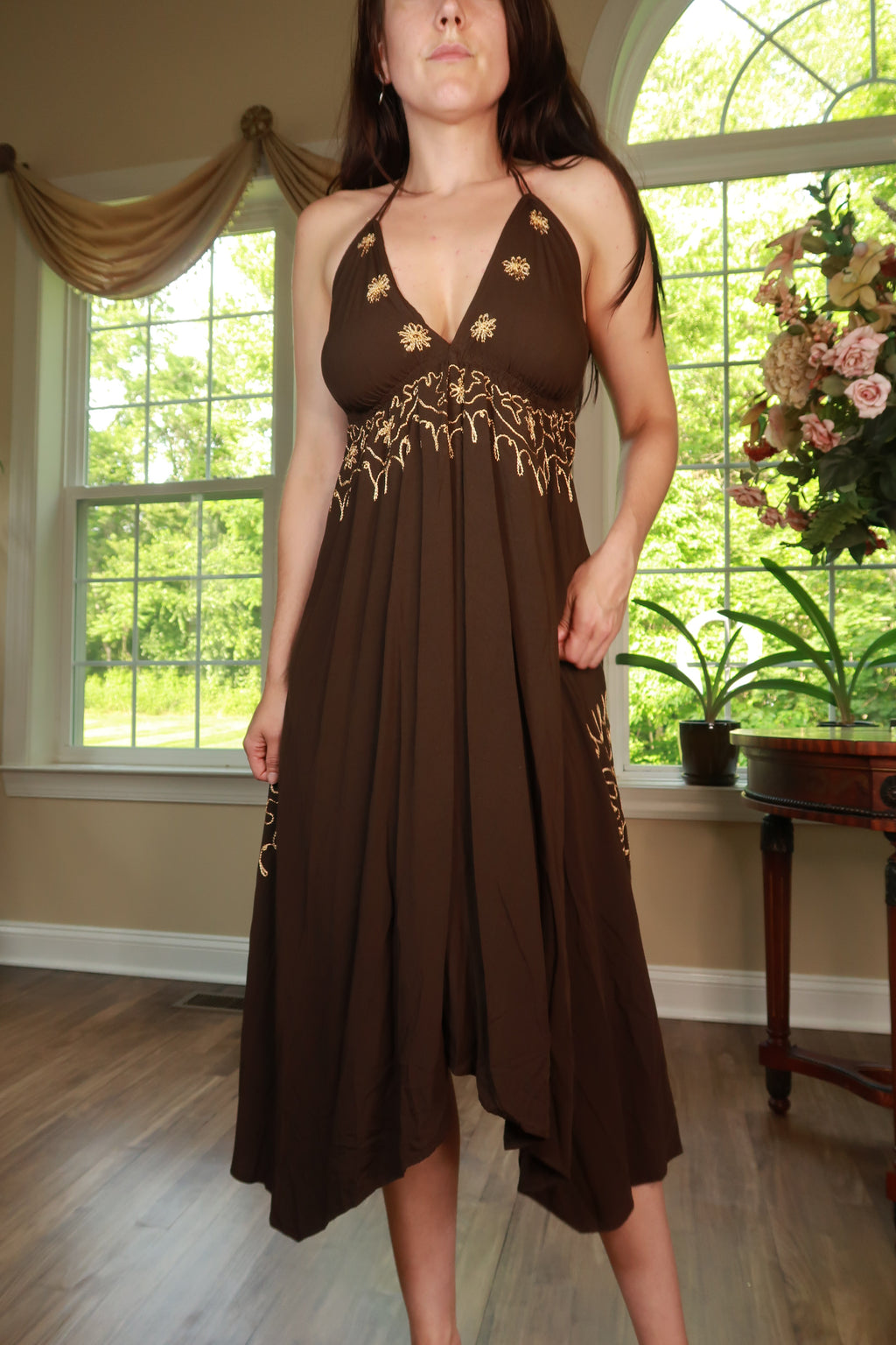 Vintage brown embroidered halter midi dress from Elektra Vintage, featuring handkerchief-style fabric and retro design.