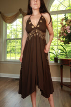 Load image into Gallery viewer, Vintage brown embroidered halter midi dress from Elektra Vintage, featuring handkerchief-style fabric and retro design.
