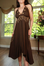 Load image into Gallery viewer, Vintage brown embroidered halter midi dress by Elektra Vintage, featuring intricate hand embroidery and a classic halter neckline.
