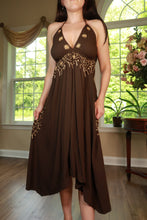 Load image into Gallery viewer, Vintage brown embroidered halter midi dress by Elektra Vintage, featuring intricate embroidery and a stylish halter neckline.
