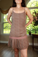Load image into Gallery viewer, Vintage brown floral lace trim slip mini dress by Elektra Vintage, featuring delicate lace details and a fitted silhouette.
