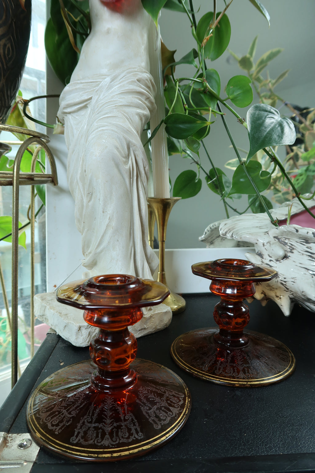 Vintage MCM Amber Etched Glass Candlesticks