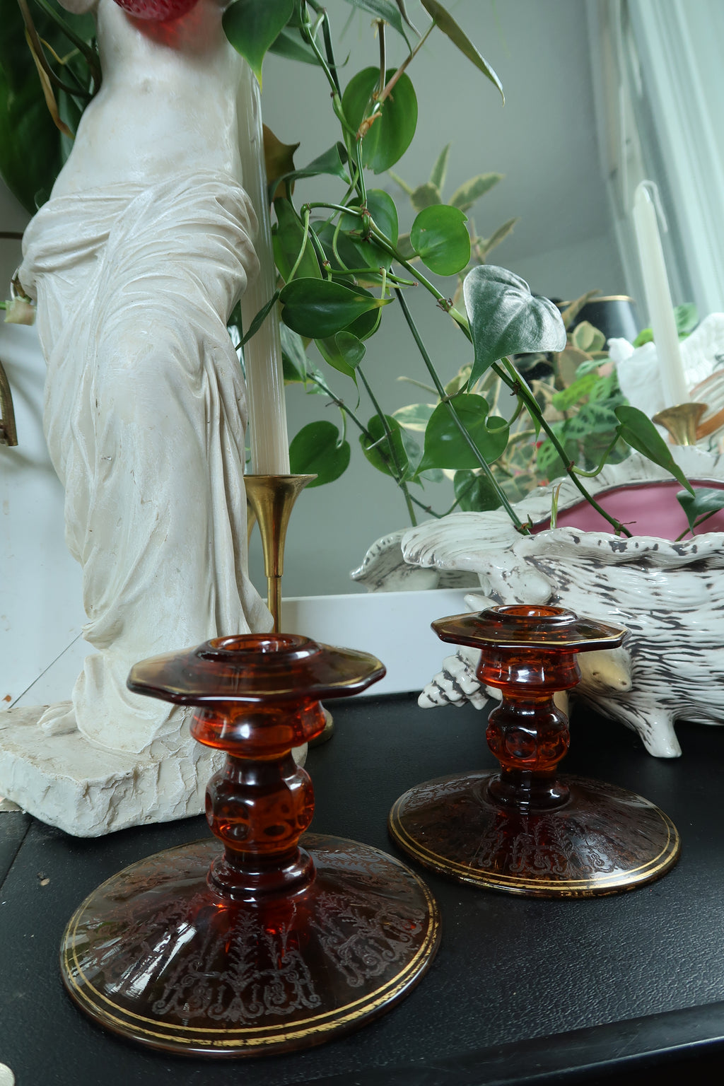 Vintage MCM Amber Etched Glass Candlesticks