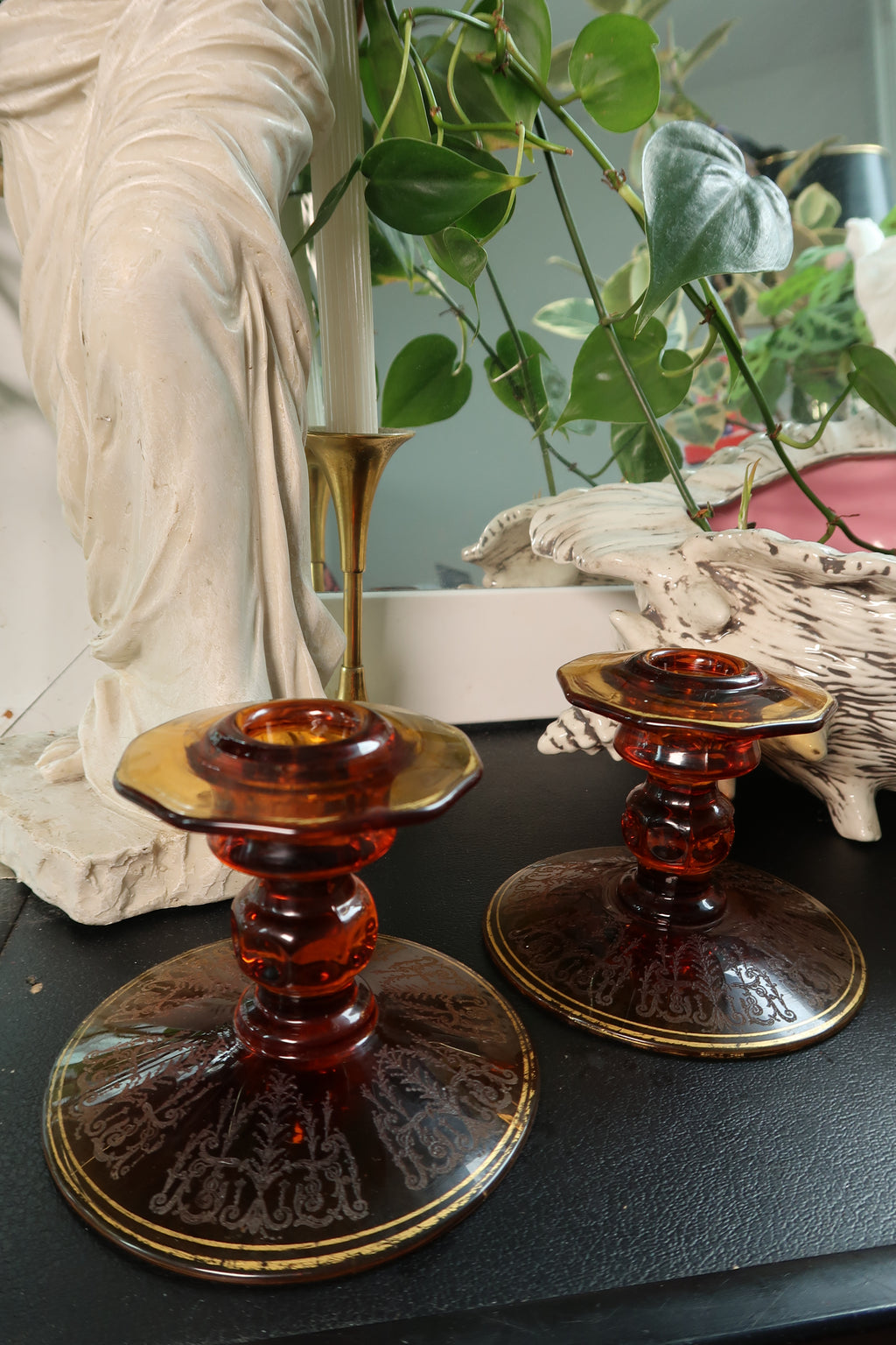 Vintage MCM Amber Etched Glass Candlesticks