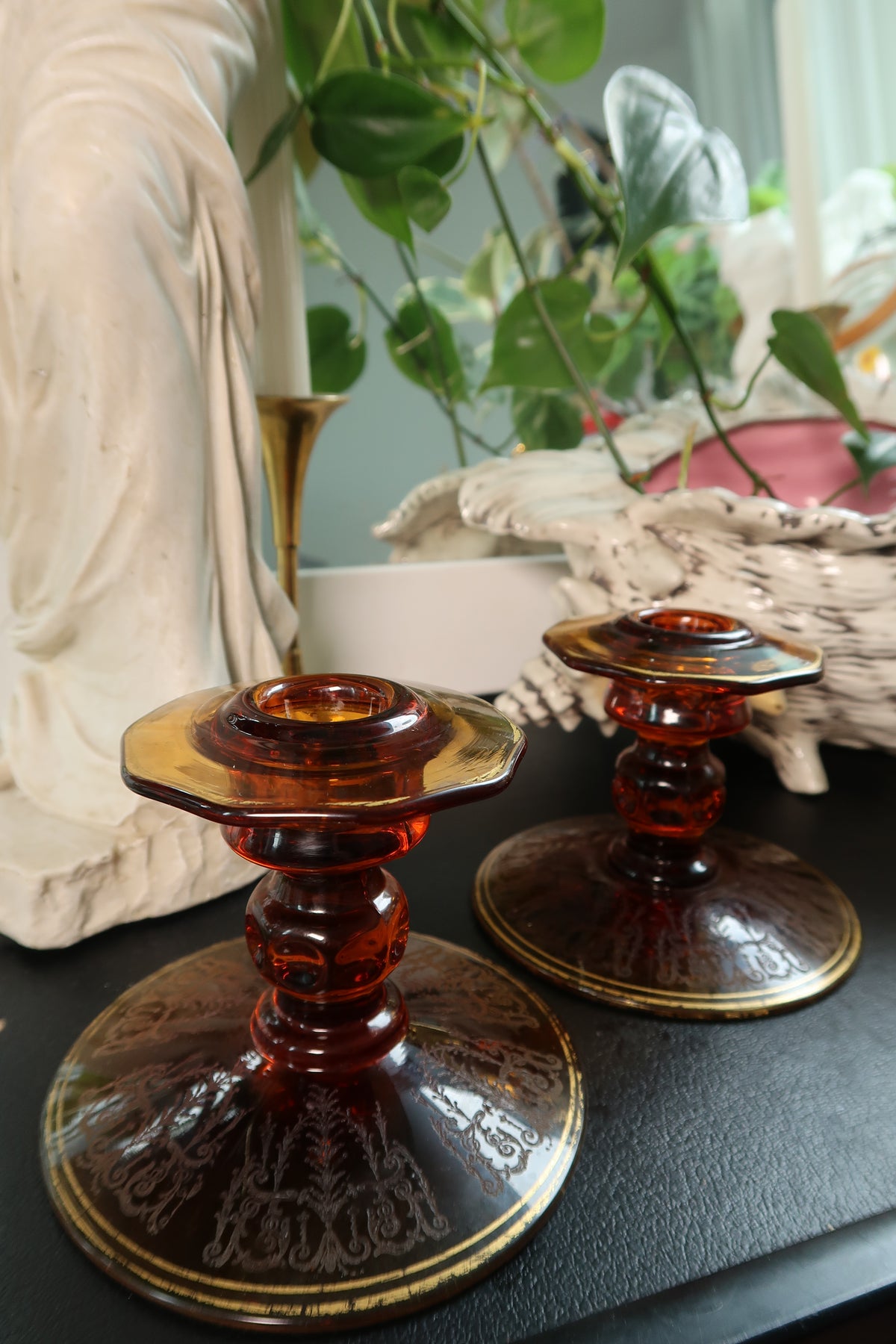 Vintage MCM Amber Etched Glass Candlesticks