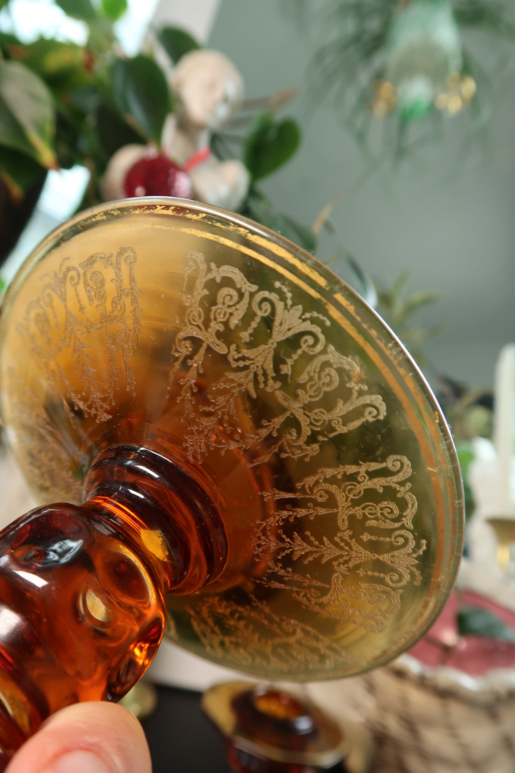 Vintage MCM Amber Etched Glass Candlesticks