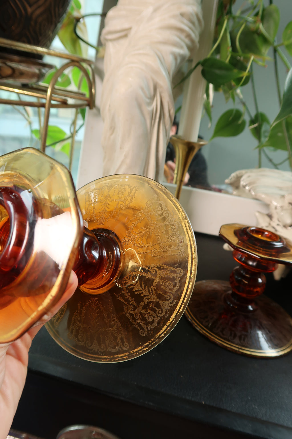 Vintage MCM Amber Etched Glass Candlesticks
