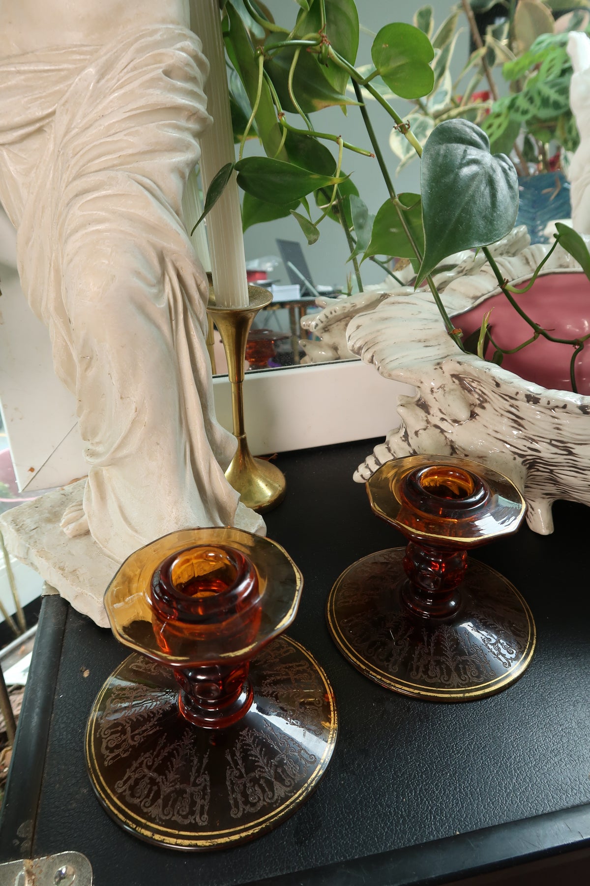 Vintage MCM Amber Etched Glass Candlesticks