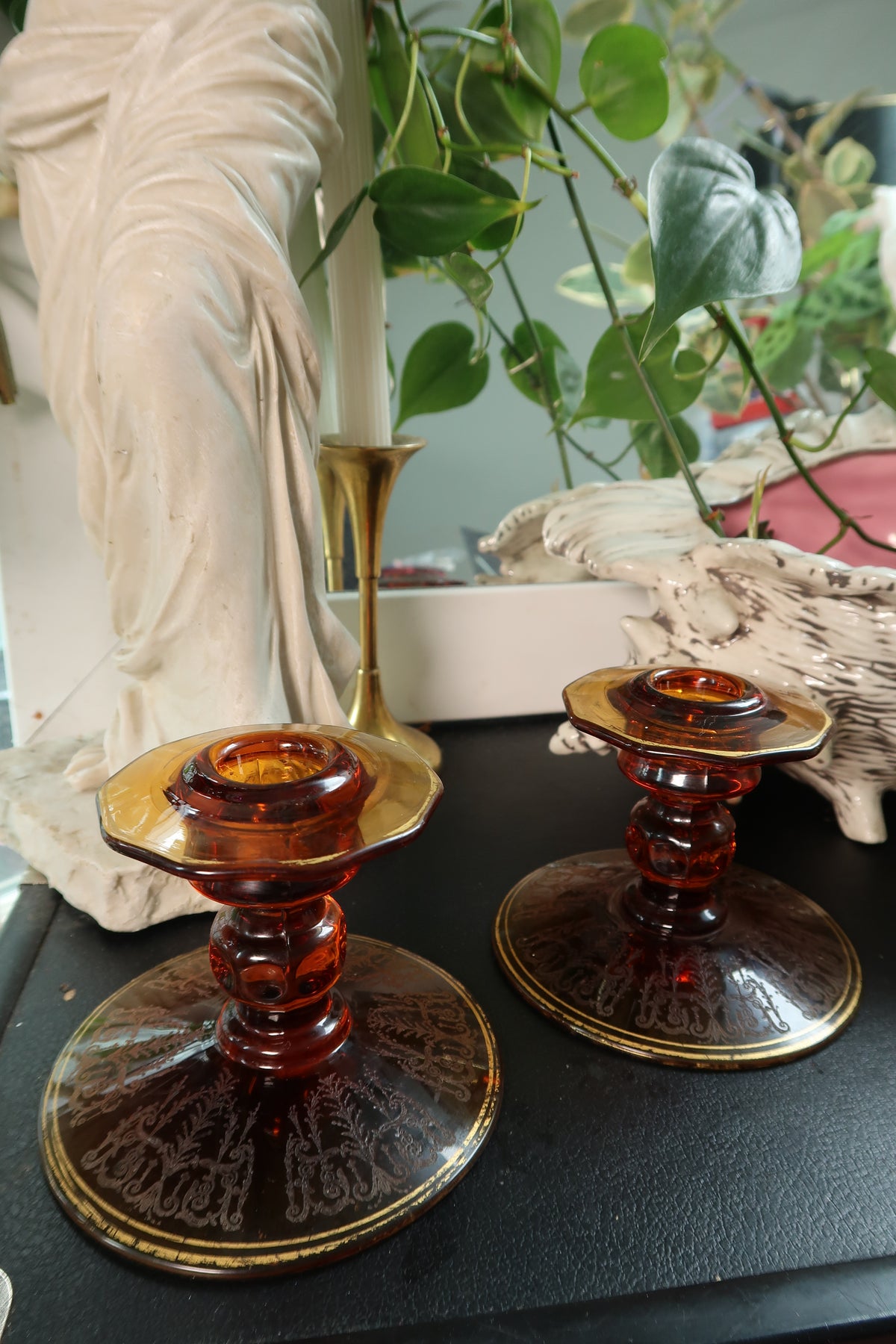 Vintage MCM Amber Etched Glass Candlesticks