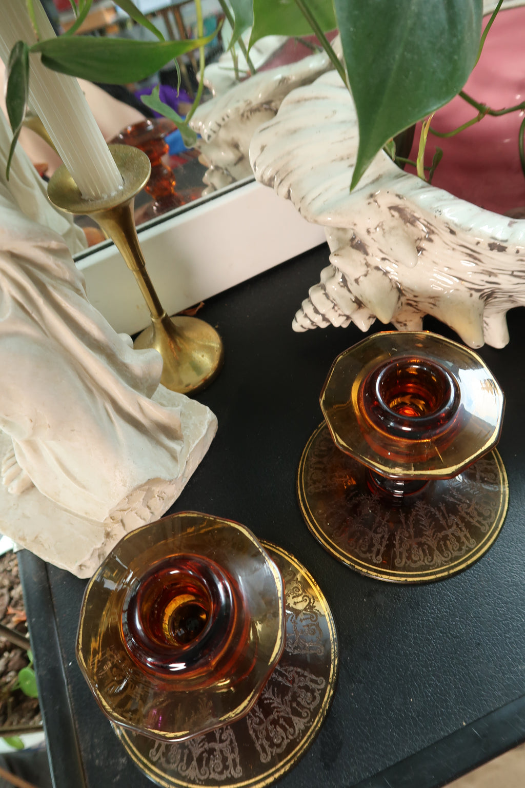 Vintage MCM Amber Etched Glass Candlesticks