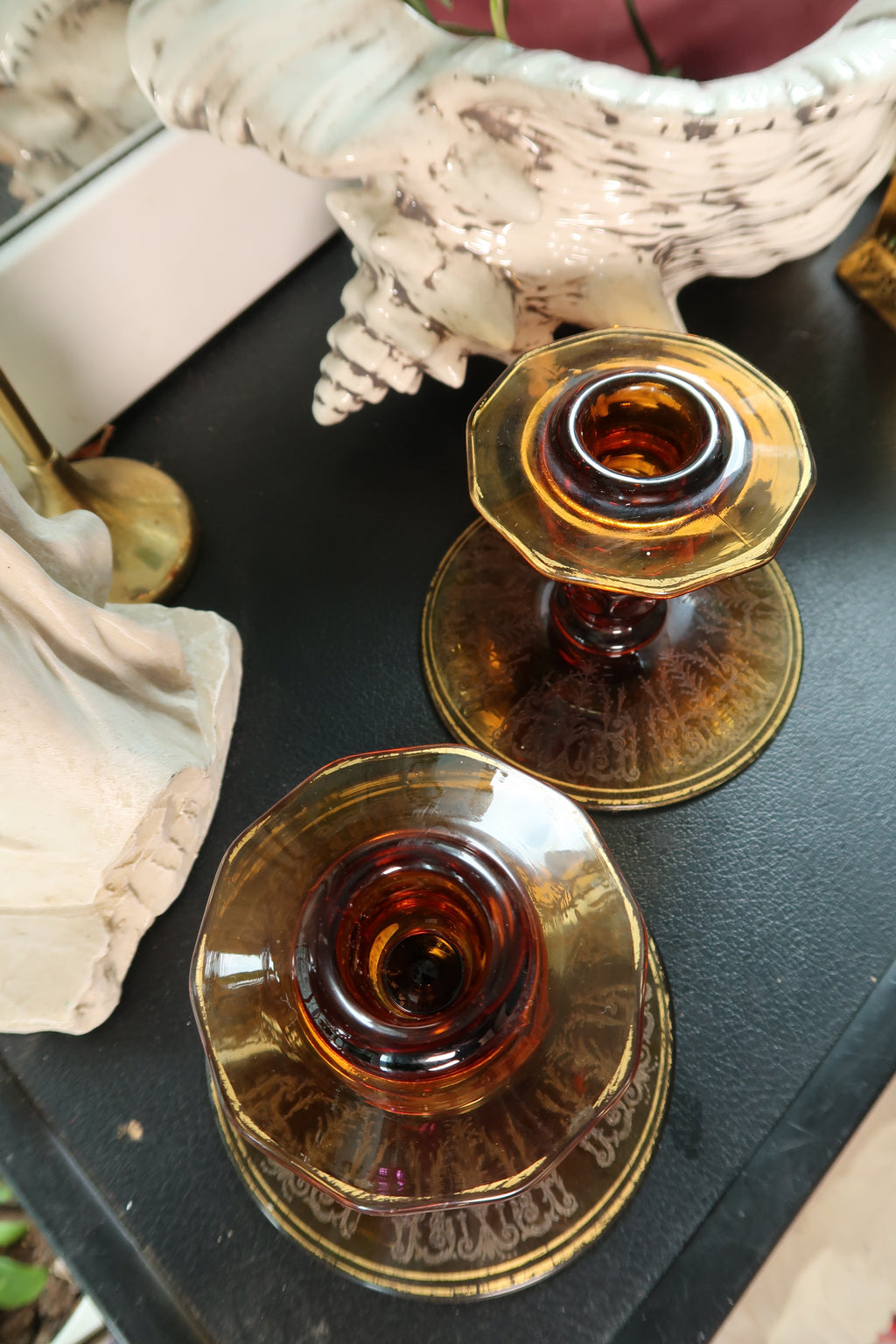 Vintage MCM Amber Etched Glass Candlesticks