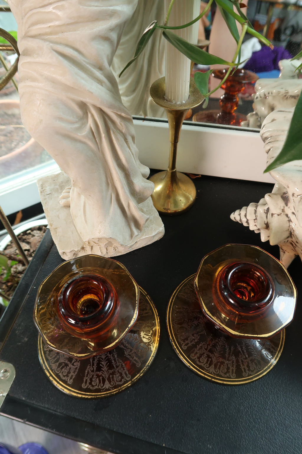 Vintage MCM Amber Etched Glass Candlesticks