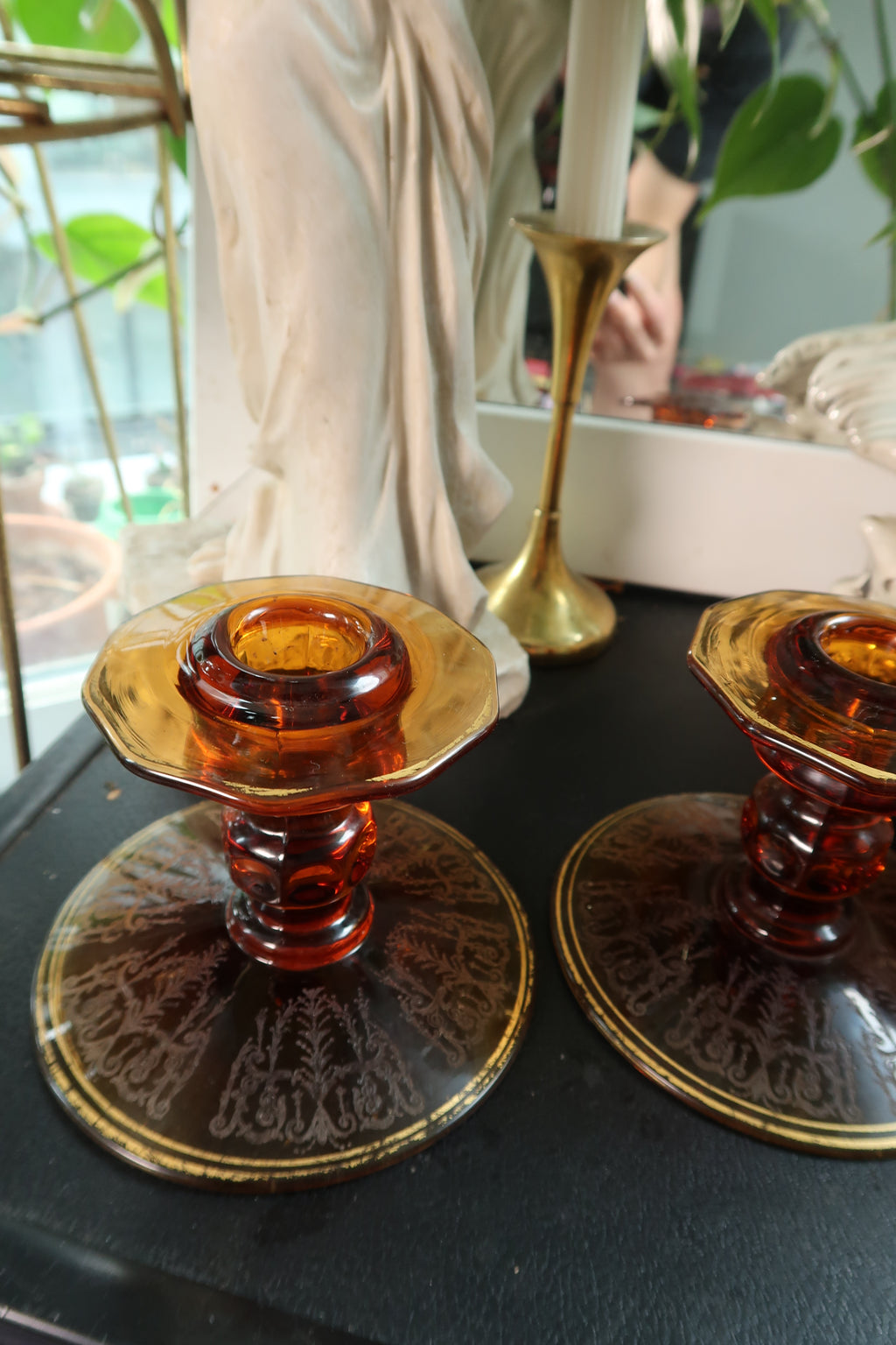 Vintage MCM Amber Etched Glass Candlesticks