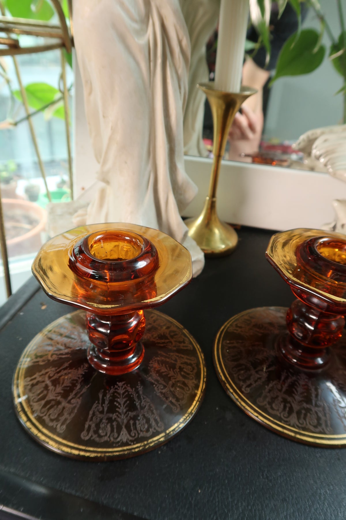Vintage MCM Amber Etched Glass Candlesticks
