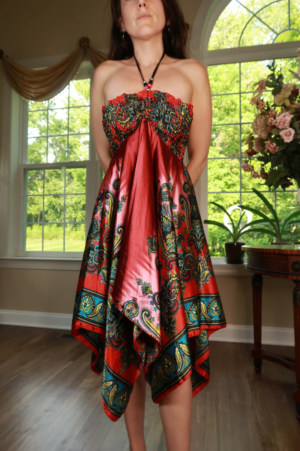 Elektra Vintage vintage silk paisley halter dress with handkerchief hem, elegant and flowy, perfect for retro-inspired fashion.