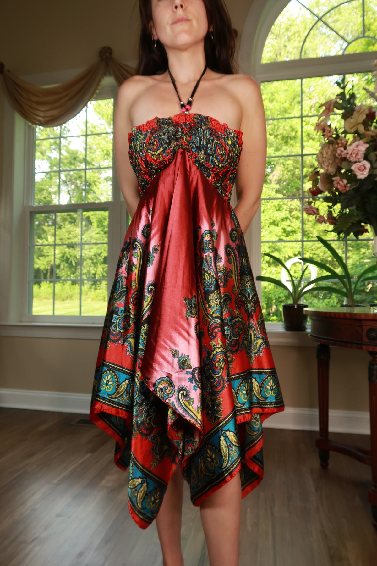 Elektra Vintage vintage silk paisley halter dress with handkerchief hem, elegant and flowy, perfect for retro-inspired fashion.