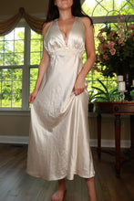 Load image into Gallery viewer, Vintage ivory satin empire waist maxi dress by Elektra Vintage, featuring flowing fabric and elegant design.
