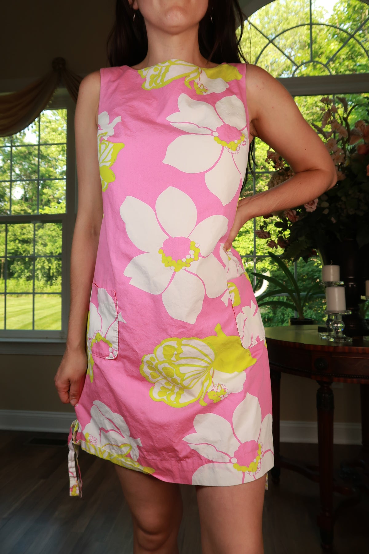 Vintage 2000s Lilly Pulitzer pink floral shift mini dress by Elektra Vintage, featuring a sleeveless design and vibrant floral pattern.