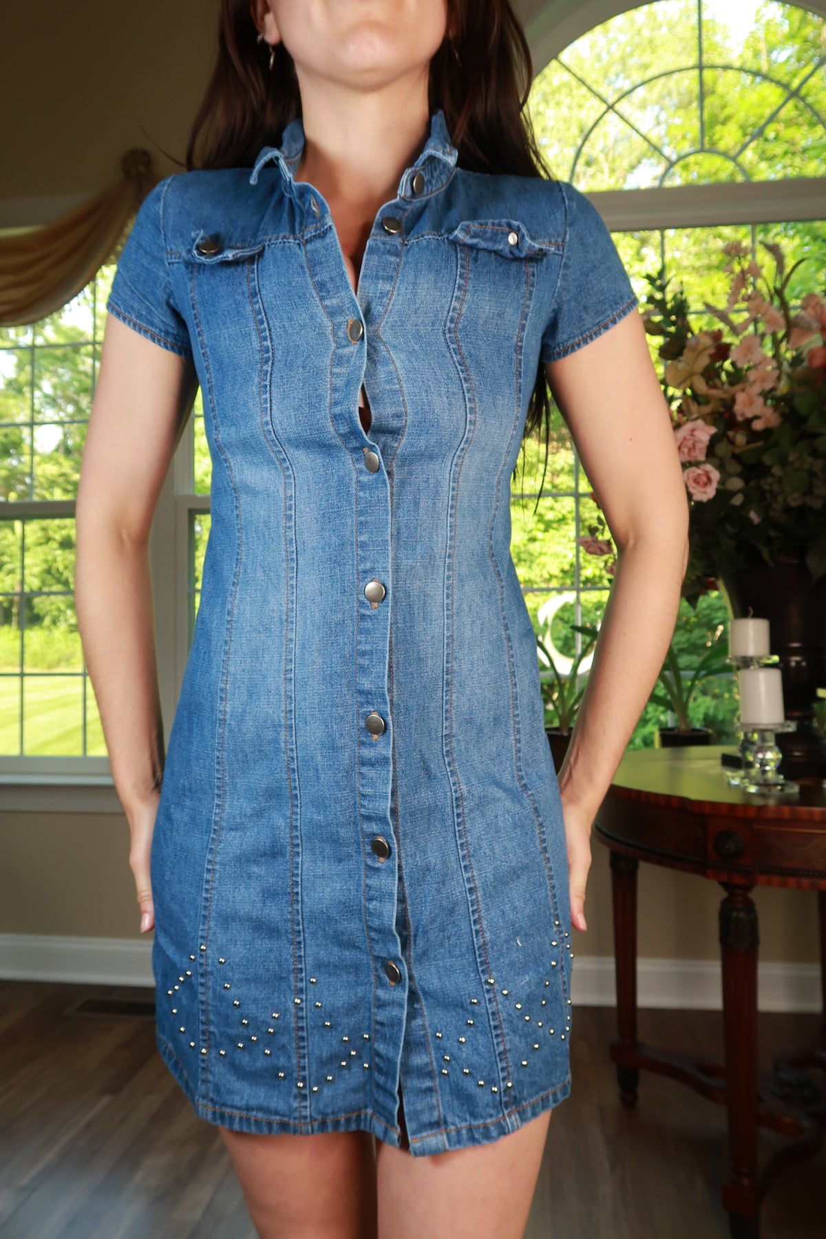 Vintage Y2K Denim Snap Front Mini Dress with Studded Pocket Detail