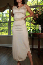 Load image into Gallery viewer, Vintage ivory satin maxi slip skirt by Elektra Vintage, shown with flowing fabric and elegant design.
