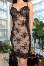 Load image into Gallery viewer, Vintage 2000s Black Lace Bustier-Style Bodycon Mini Dress with Nude Mesh Panel
