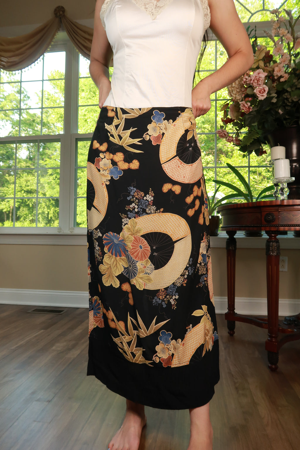Elektra Vintage floral print maxi skirt with vintage Japanese-inspired fan design, flowing fabric, and vibrant colors.